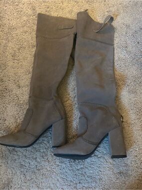 Nine West Women's Taupe Suede Knee-High Block Heel Boots